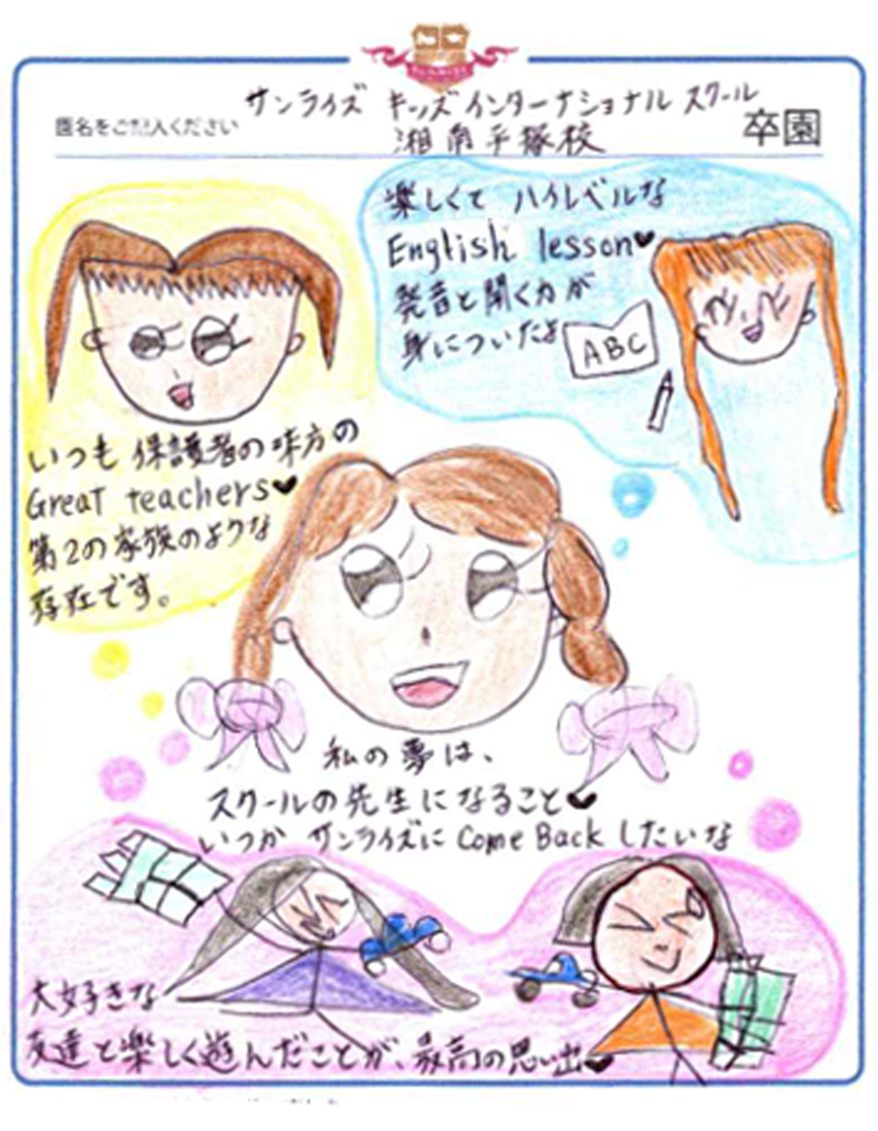 楽しくてハイレベルなEnglish Lesson♥発音と聞く力が身についたよ。<br>いつも保護者の味方のGreat Teachers第2の家族のような存在です。私の夢は、スクールの先生になることいつかサンライズにCome Backしたいな。大好きな友達と楽しく遊んだことが、最高の思い出